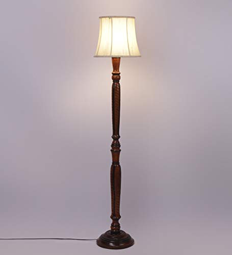 Image of Devansh Off White Cotton Cylindrical Drum Designer Fashionable Wooden Carving Floor Lamp for Home Decor (Off White, Medium)