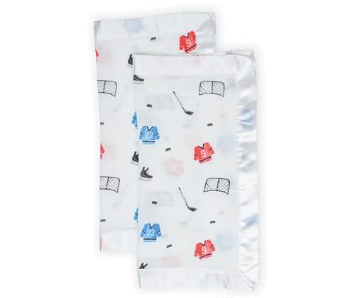 Image of Lulujo Baby Security Lovey Blankets| Unisex Softest Breathable Cotton Muslin Security Blanket with Silky Satin Trim| Neutral Comforting Blanket for Girls & Boys | 16in by 16 in| Hockey