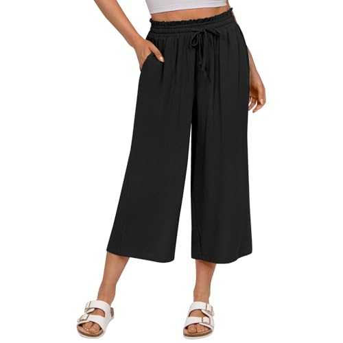 Linen Capri Pants for Women Summer Flowy Wide Leg Capris Pants Elastic High Waist Boho Beach Lounge Pant with Pockets