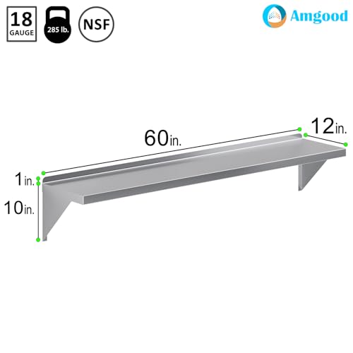 Image of AmGood 12 inch x 60 inch Stainless Steel Wall Shelf | Appliance & Equipment Metal Shelving | Kitchen, Restaurant, Garage, Laundry, Utility Room | Heavy Duty | Squared Edge | NSF Certified