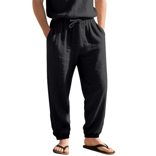 Mens Loose Fit Linen Casual Elastic Waist Drawstring Harem Pant Summer Baggy Beach Vacation Straight Trousers