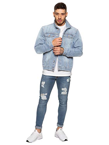 Ze ENZO Mens Designer Denim Jacket Western Classic Style Trucker Vintage Style Coat, Light Blue, XL