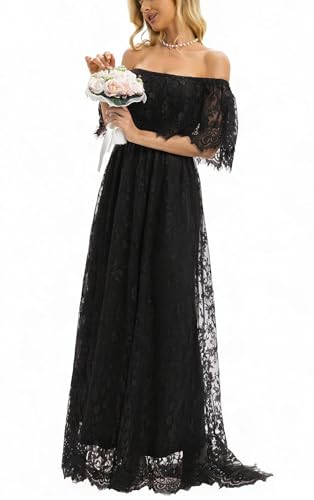 Image of HOYISHION Women's Off The Shoulder Floral Lace Maxi Dress White Bridesmaid Wedding Party Maternity Photoshoot Long Dresses
