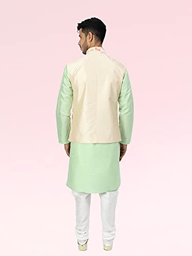 Image of Uri and MacKenzie Men's Silk Blend Regular Kurta Churidar Pyjama with Bundi Nehru Jacket /Waistcoat