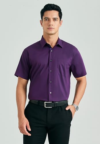 HISDERN Mens Dress Shirts Short Sleeve Regular Fit Casual Button Down Shirt Inner Contrast Business Formal Pocket Shirt4