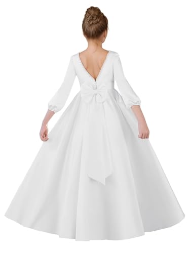 Inpown Winter Long Sleeve Flower Girls Dresses for Wedding Pearls White Satin A-Line Bow First Communion Dress for Girls Princess Elegant Christmas Formal Gowns Size 6