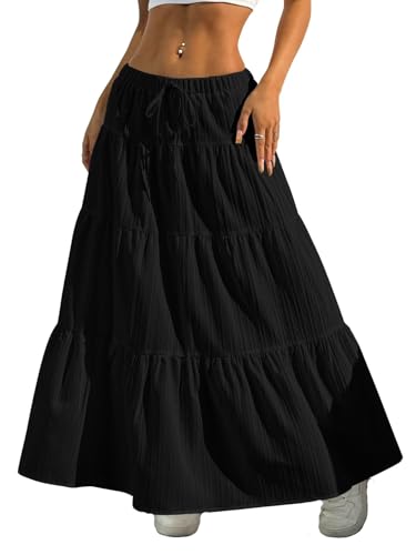 Image of Verdusa Women's Long Maxi Skirt Boho Flowy Flared Ruffle Skirts 2026 Beach Vacation Summer Going Out Outfits