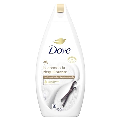 Dove Bagnodoccia Riequilibrante, Idratante Dermo-Naturale, Burro di Karité e Vaniglia, 1/4 Crema Idratante, Dermatologicamente Testato, Bagnoschiuma Uomo e Donna, 100% Bottiglia Riciclata* 450ml