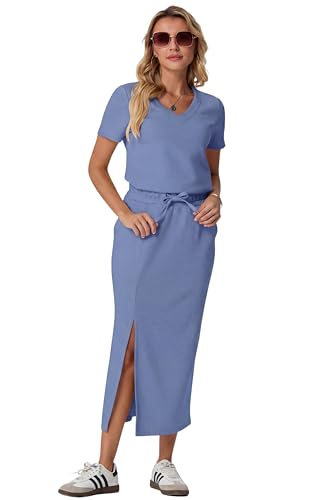 Image of GRECERELLE Women Summer Casual 2 Piece Sets V-Neck Wrinkle-Free Top & Elastic Waist Midi Side Slit Skirt with Pockets