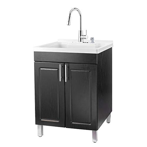Image of Black Utility Sink Vanity Cabinet with White Laundry Tub by JS Jackson Supplies, Chrome High-Arc Pull-Down Sprayer Faucet for Laundry Room, Mudroom, Basement