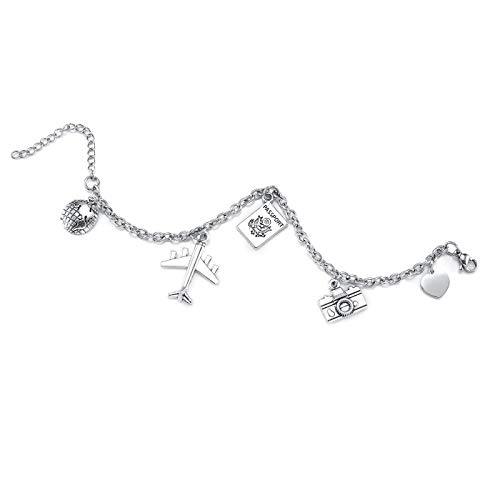 Travel Gifts Bracelet Passport Airplane Earth Heart Camera Charm Bracelets Stainless Steel Link Chain for Men Women Inspiration Jewelry for Travel Graduation Gift2
