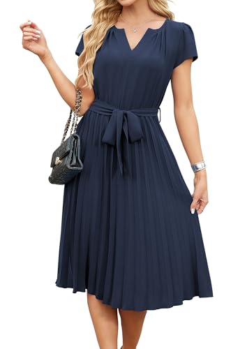 Image of ECOWISH Womens Casual Midi Dresses Solid V Neck Short Sleeve Button Shirt Belted Dress with Pockets for Spring Summer 2026