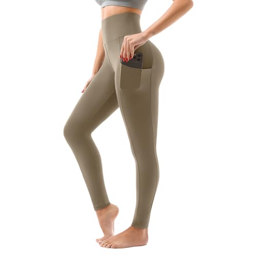 SINOPHANT High Waisted Leggings with Pockets Women, Full Length Capri Buttery Soft Stretchy Yoga Pants(Full Apricot,S-M)