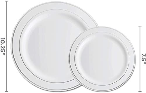 350 Piece Silver Dinnerware Set - 50 Guest Silver Rim Plastic Plates - 50 Silver Plastic Silverware - 50 Silver Rim Plastic Cups - 50 Linen Like Silver Paper Napkins, 50 Guest Disposable Silver Dinner #TOP1