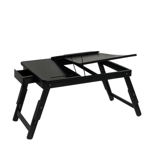 Image of Wooden Laptop Table Standard Adjustable Study Table with Laptop, Portable Lap Desk, Multifunctional Bed Table with Drawer and Folding Legs (Black)
