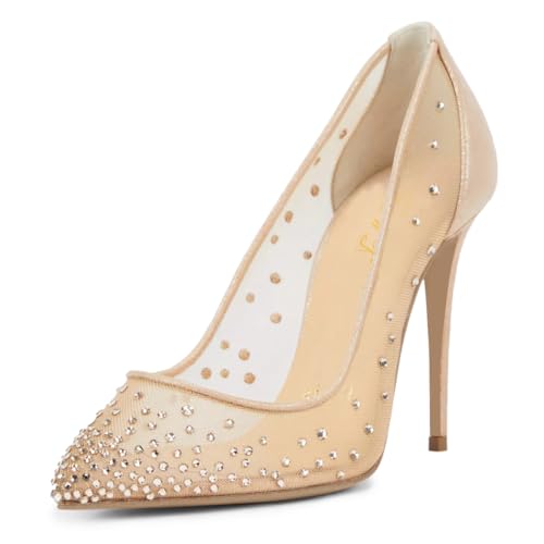 FOWT Women Pointed Toe Stiletto High Heel Slip On Studded Rhinestone Mesh Pumps Sexy Evening Wedding Dress Shoes Size 4-16 US