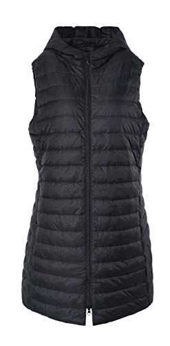 ELFJOY Women's Long Down Vest Zipper Lightweight Puffer Jackets with Hood Black L