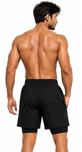 Image of Men's 2-in-1 Dual Layer Workout Shorts with Compression Liner, Phone Pocket, Quick-Dry Athletic Running Shorts for Gym, Training, Sports & Fitness