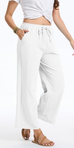 YOCUR Women Casual Drawstring Straight Leg Pants Cotton Linen Beach High Waisted Trousers Flowy Lounge Lightweight Pants4