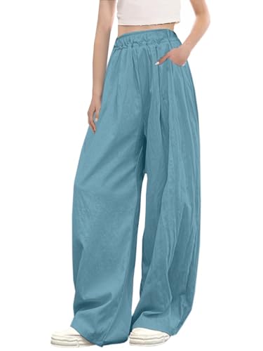Image of SANGTREE Womens Wide Leg Pants Lightweight Casual Elastic High Waist Straight Leg Loose Trousers for Womens, Peacock Blue, L