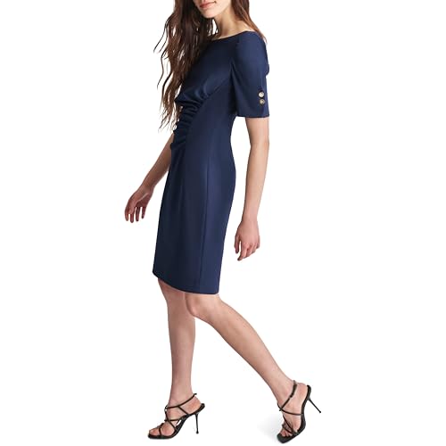 Image of DKNY Women's Short Sleeve Ruched Knee Length Sheath Dress with Button Detail