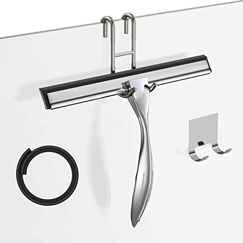 Image of Shower Squeegee Set, 10-Inch Stainless Steel Squeegee for Bathroom, Shower Doors, Mirrors, Tiles, and Car Windows - 100% Streak Free, Includes Shower Door Hook, Adhesive Hook and Spare Silicone Blade