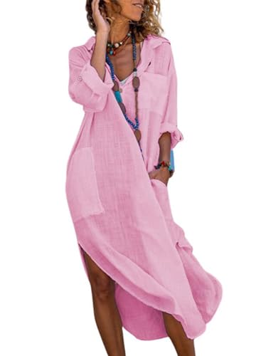 utcoco Womens Casual Loose Cotton Linen Long Shirt Dress Lapel Button Cuffed Sleeve Side Split Dresses with Pockets (Small, Pink)