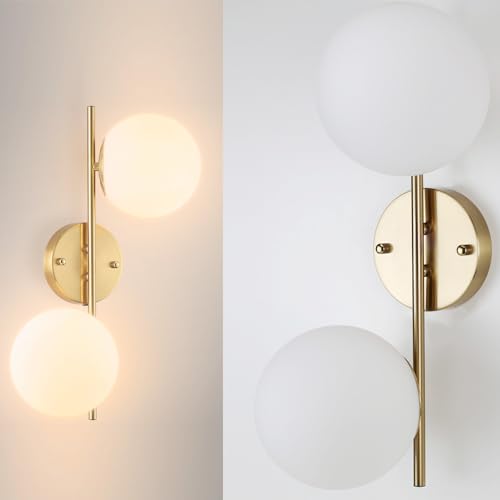Alpinaluz Applique murale dorée, applique murale avec 2 boules de verre blanc opaques, douille E27 pour ampoules G45, éclairage décoratif pour chambre, salon et...
