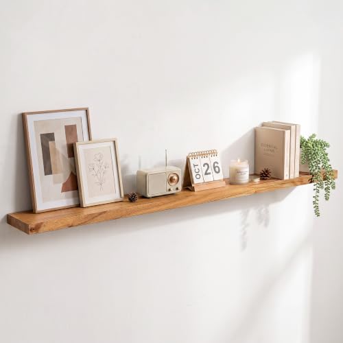Image of Elm Floating Shelves for Wall - 55 in Rustic Solid Wood Shelves with Heavy-Duty Invisible Bracket, Wall-Mounted Wooden Shelf for Living Room, Bathroom, Kitchen Storage & Display, Set of 1, Natural