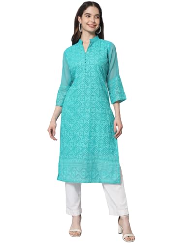Image of Ekasya Women's Georgette Embroidered Work Kurta with Notch Neck 3 /4 Sleeves Straight Cut Calf Length | E1547