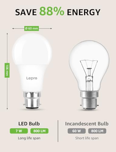 Lepro Dimmable Bayonet Light Bulb, 60W Equivalent, Warm White 2700K, 7W 800 Lumen Light Bulbs Bayonet, BC A60 GLS Energy Saving B22 LED Bulb, Pack of 6 - Image 4