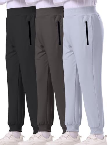 BINPAW 3 Pack Boy's Pull On Sweatpants Active Jogger Pants with Zipper Pocket Athletic Pants for Kids, Black/Dark Gray/Gray, 15-16 Years = Tag 170
