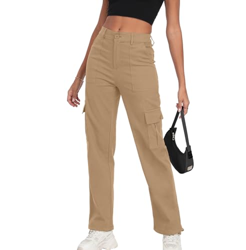 FREEOAK Women's Y2K Baggy Cargo Pants High-Waist Hiking Trousers with Elastic Band Relaxed Fit Wide Leg Pants Streetwear Size Small A - Khaki