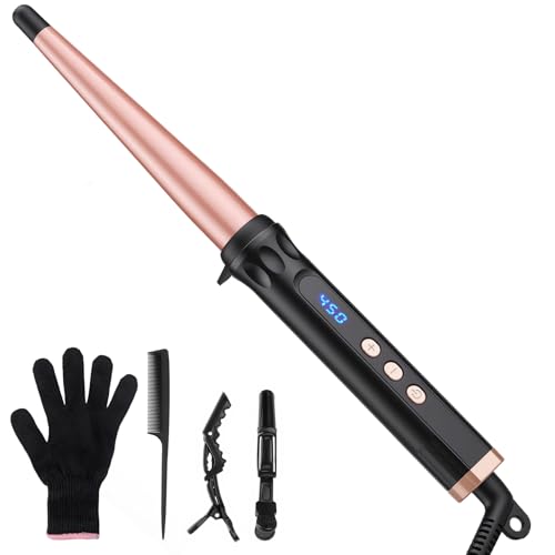 Tapered Curling Wand Iron 0.5 to 1 Inch with Tourmaline Ceramic Long Barrel, Hair Curler for Long Short Medium Hair, Dual Voltage for Travel, Adjustable Temperature, Auto Shut-Off with Glove