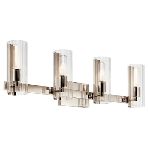 Image of Kichler Jemsa 4-Light Bathroom Vanity Light Fixture with Clear Fluted Glass in Polished Nickel, Modern Wall Mount Light for Bathroom Over Mirror (9.75 inch x 32 inch), 55169PN
