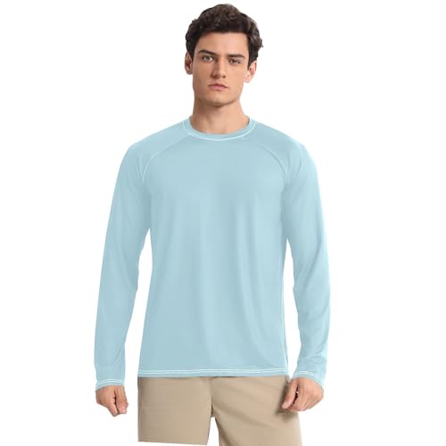 Light Blue Men's Rash Guard Classic Crew Neck Comfort Sun Protection Long Sleeve Water Fishing