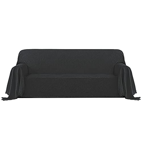 Image of PureFit Geometric Jacquard Throw Sofa Cover - Textured Soft Washable Decorative Couch Covers for 3 Cushion Couch, Throw Cover with Tassels Furniture Protector for Pets, Kids (X-Large, Dark Gray)