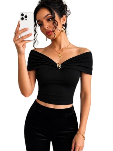 Image of TIVANTE Off-Shoulder Top for Women Stylish, Ruched V Neck Tops for Woman with Gold-Tone Metal Buckle Detail || Fitted Tops for Woman