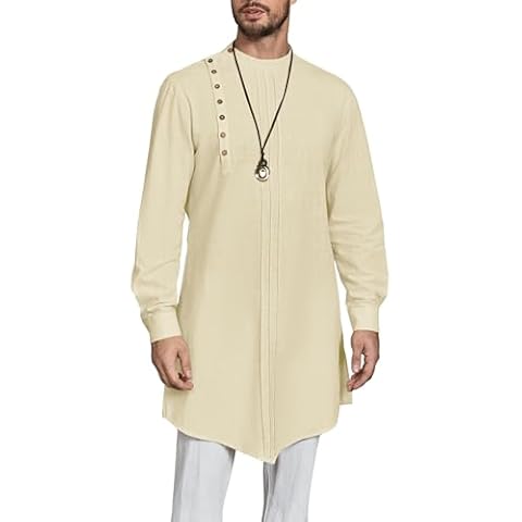 Gafeng Mens Kaftan Thobe Long Sleeve Robe Gown Casual Cotton Linen Button Muslim Shirt Cover