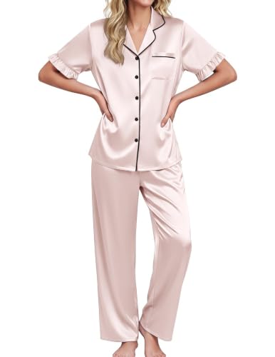 Image of Ekouaer Silk Satin Pajamas for Women Set 2 Piece Short Sleeve Button Up Pjs