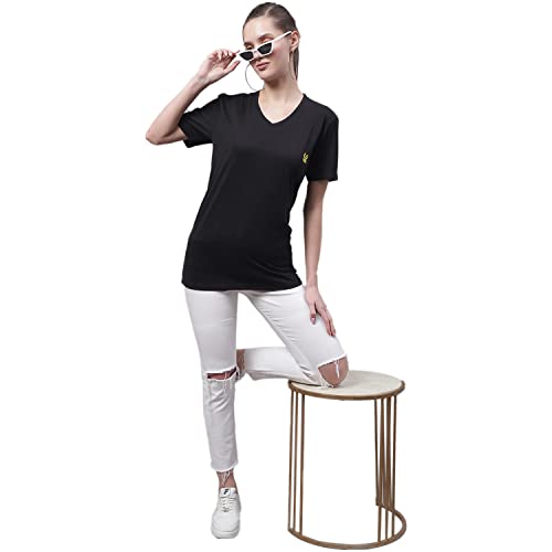 Image of Mack Jonney Women V Neck Cotton Solid Regular Fit T-Shirt-V Anthraa 001-P