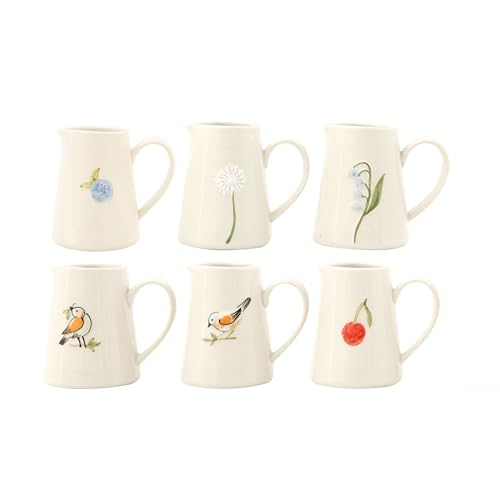 Creative Co-Op White Stoneware Creamer with Hand-Painted & Embossed Birds (Set of 6 Designs)