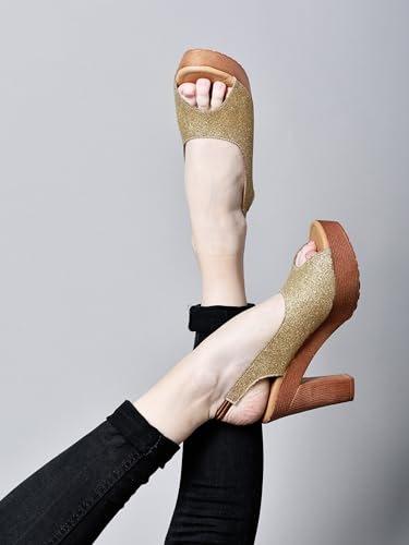 Image of Action Women's Platform Sandals| Block Heel| Glitter Embellished| Grey, Beige