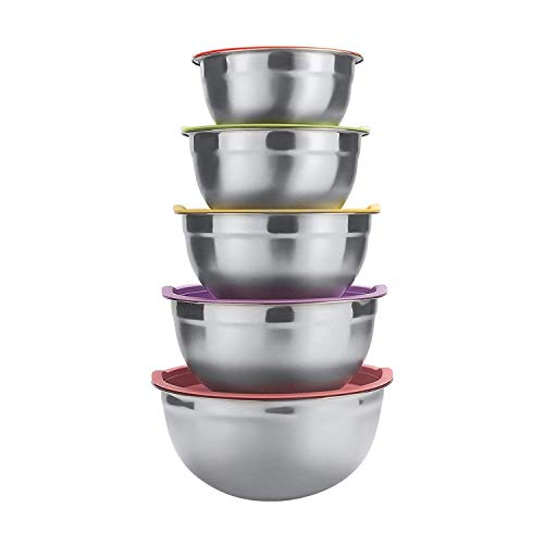 Raking 5 Piece Mixing Bowls Large 5 Quart Capacity Stainless Steel Bowl Set With Colorful Lids for Kitchen Camping and Food Storage Silver