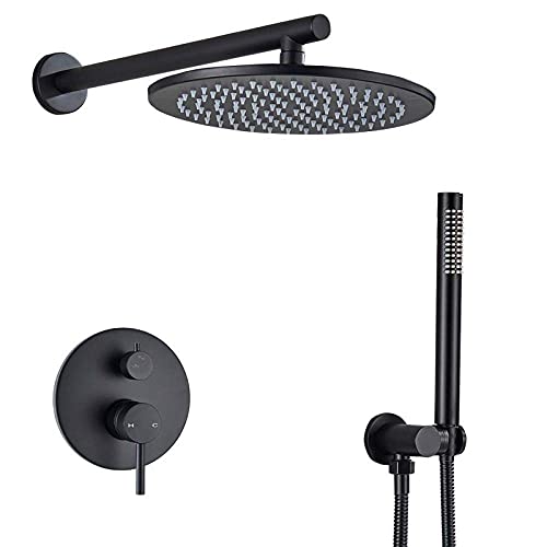 Système de Douche, Robinet de Douche Noir Mat, mitigeur de Douche encastré en Laiton, pommeau de Douche à Effet Pluie 8/10/12/16, inverseur, Montage Mural de 8 Pouces