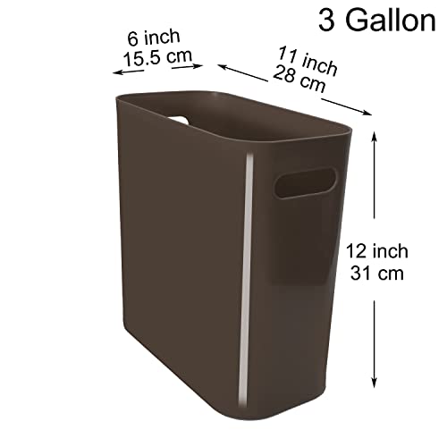 Image of Youngever 2 Pack 3 Gallon Slim Trash Can, Plastic Garbage Container Bin, Trash Bin with Handles for Home Office, Living Room, Study Room, Kitchen, Bathroom (Brown)