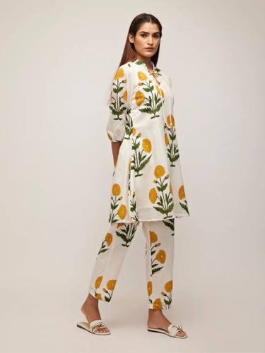 Image of Leriya Fashion White Kurti Set for Women | V-Neck Straight Kurta Sets for Woman | Summer Co ord Set For Women Stylish | Ethnic Kurtis for Office Outfit | Floral Printed Kurtis 3 /4 Sleeve