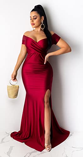 Image of Fooullaide Women Sexy Off Shoulder Elegant V Neck Wrap Formal Evening Gowns