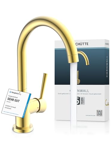 SCHÜTTE 79167 Küchenarmatur Cornwall, 360 Grad schwenkbarer Wasserhahn Küche, Mischbatterie für die Spüle mit Einhebelmischer, Spültischarmatur Küchenspüle, Gold