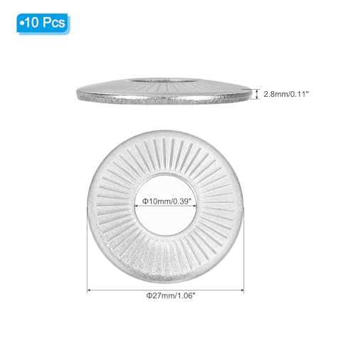 PATIKIL 304 Edelstahl Belleville Federscheiben, 10er Pack M10x27mm Flache Dichtung Konische Gerändelte Metrische Unterlegscheibe für Automobilindustrie und Bauwesen